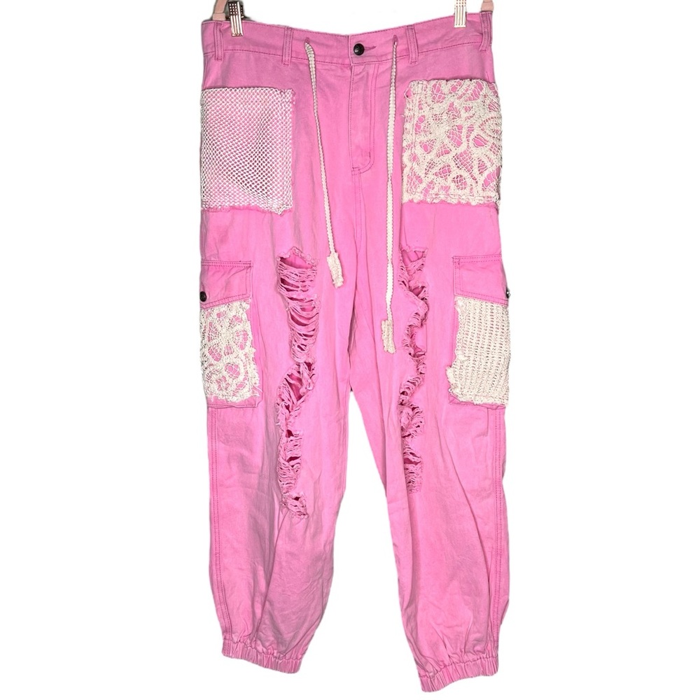 POL Distressed Jogger Pants Crochet Patchwork Barbie Pink Large
